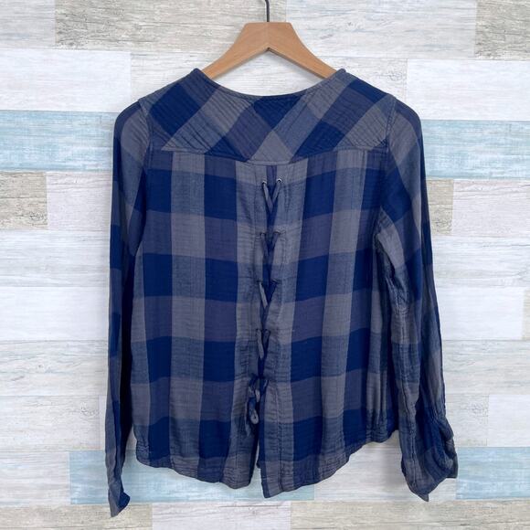 Cloth & Stone Plaid Lace Up Back Top Blue Gray Gauze Knit Cotton Blend Womens XS - Picture 3 of 6